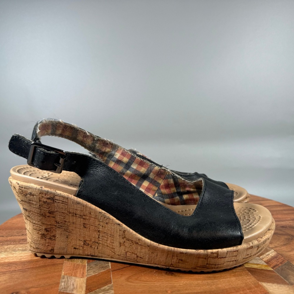 Crocs Womens Black Leather Cork Wrapped Wedge Slingback Sandals Size 6